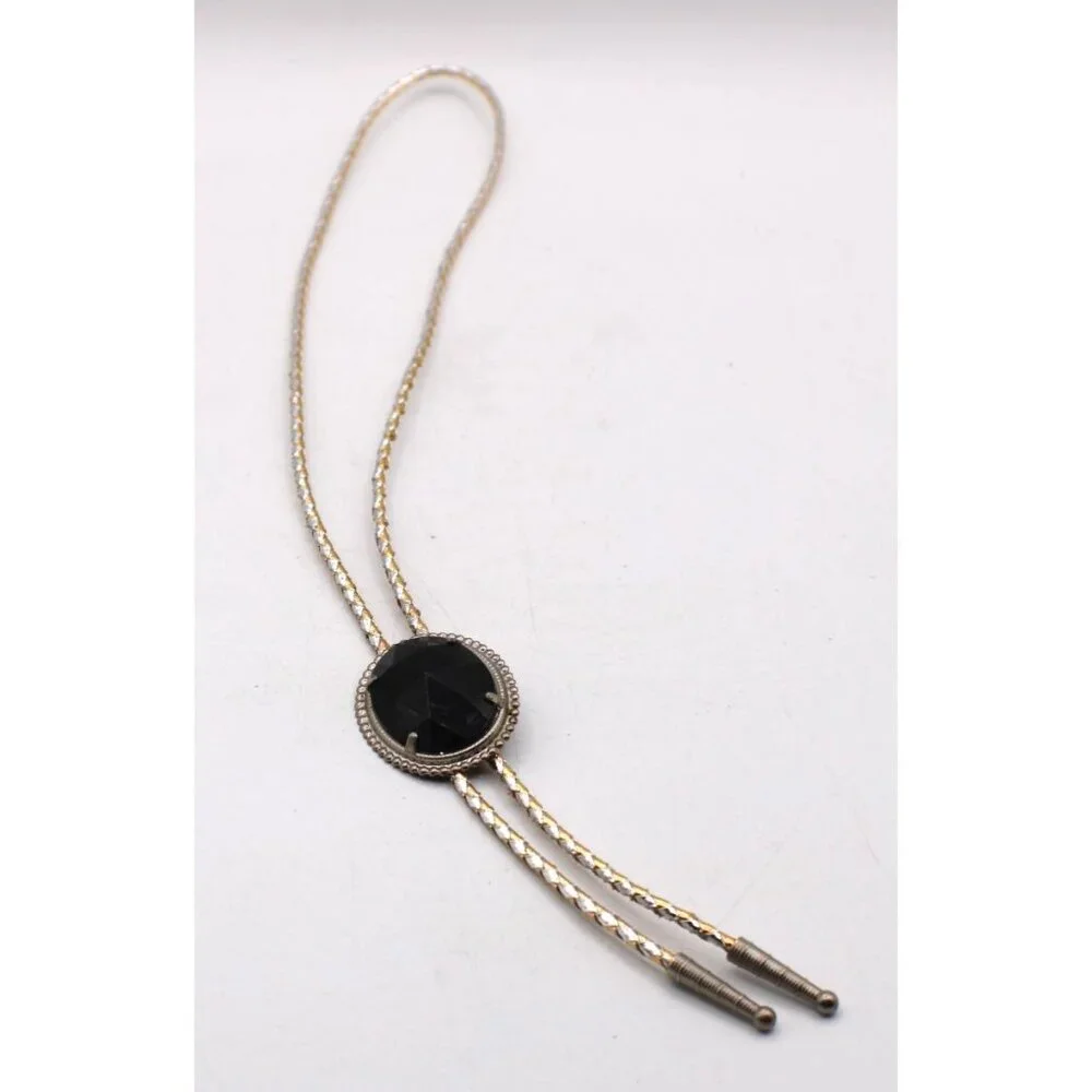 Black Jewel Acrylic Bolo Tie Silver & Gold Braided Cord Oval Faceted Western Vtg